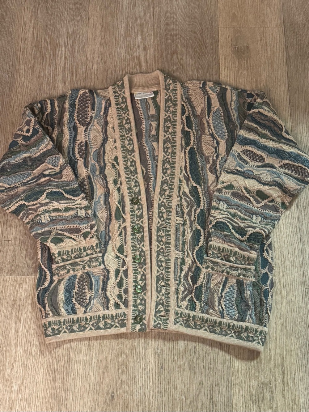 VTG 90s COOGI Australia 3D Textured Knit Button Cardigan Small Earth Tones NWOT